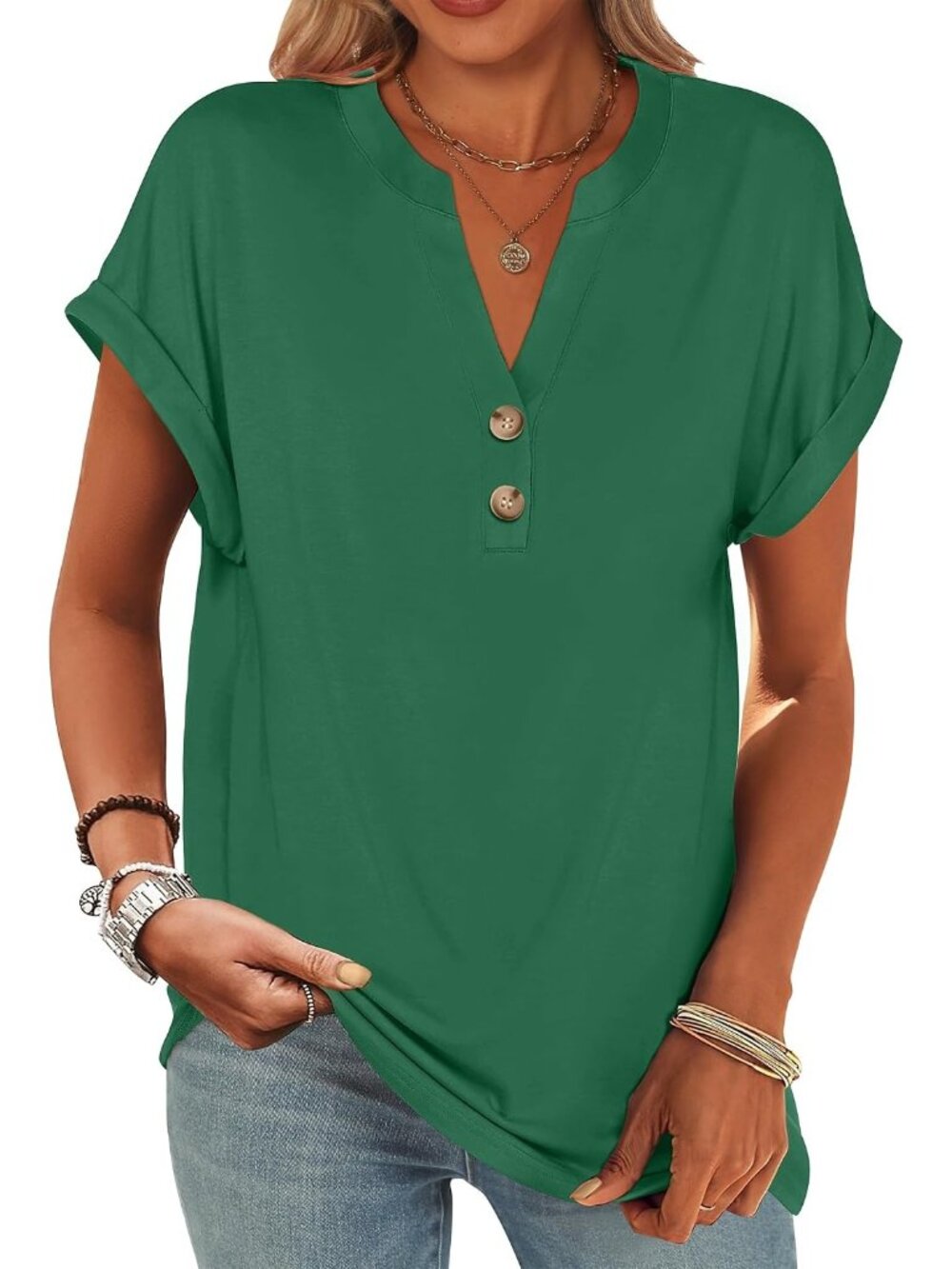 Women's  Green Summer Short Sleeve Henley V Neck Dressy Fashion Top Blouses
